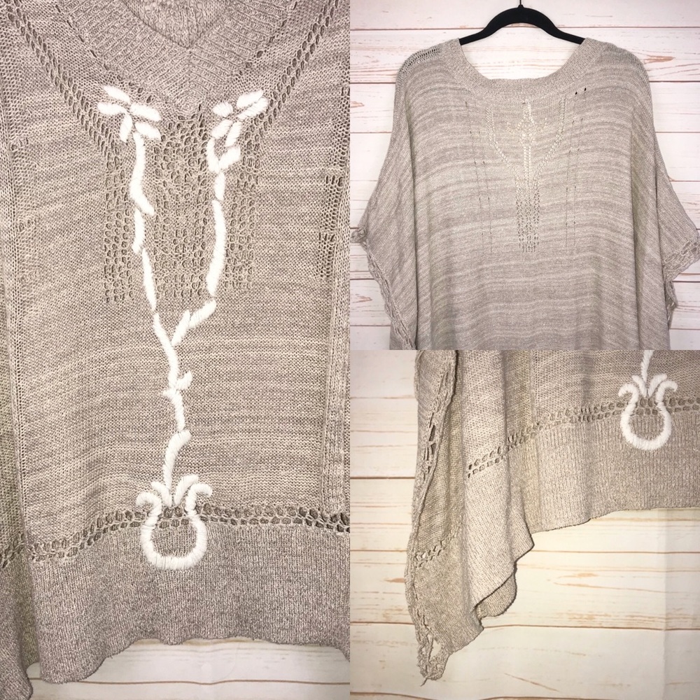 Free People Kona Pointelle Crochet Tan Knit Poncho - Picture 4 of 8